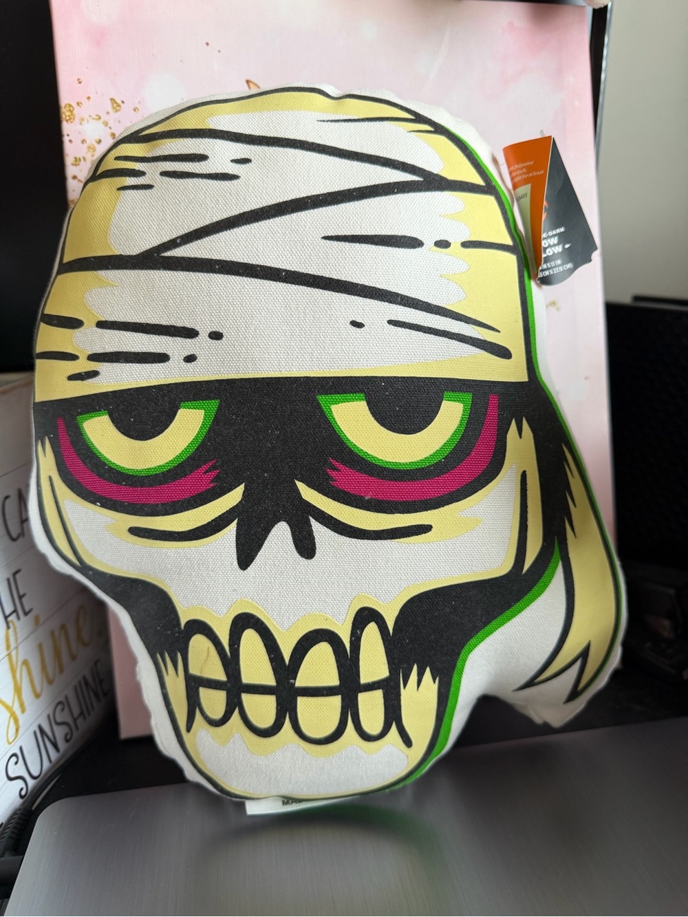 Skull Mummy Decorative Throw Pillow - White, Black & Green glows in dark